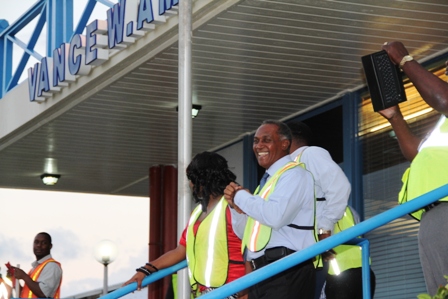 A visibly elated Premier Amory moments after Seaborne Airlines touched down at the Vance W. Amory International Airport during its inaugural flight to Nevis on January 15, 2014